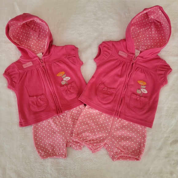 CARTER'S ♡ 2pc Pink Floral Short Sleeve Zip Front Hoodie w/Polka Dot Shorts NB - Picture 1 of 17